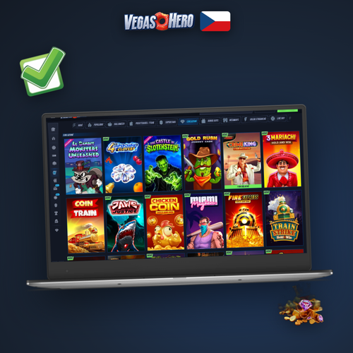 Vegashero Casino desktopový klient otevřený na notebooku s přehledem slotů