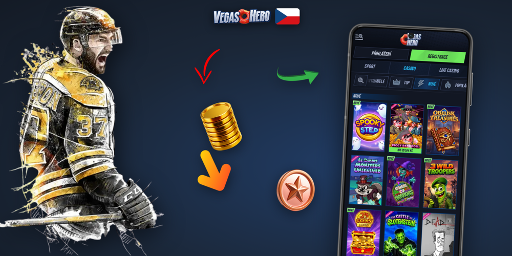 Uvítací bonus Vegashero Casino s padajícími mincemi v elegantním kasino stylu